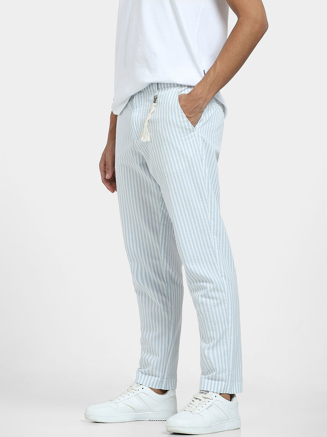 Blue Striped Mens Tapered Linen Pants Trousers Relaxed Fit - Cholp